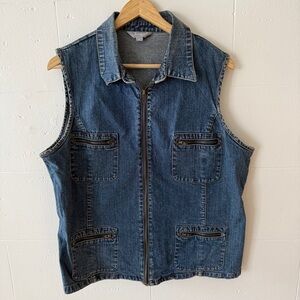 Vintage | 90s Denim Utility Vest | Blue Zip Front Pockets | Size Large